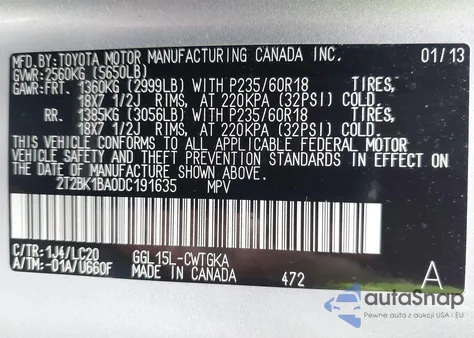 2013 Lexus Rx 350 350/Base/F Sport from USA, damaged, VIN 2T2BK1BA0DC191635